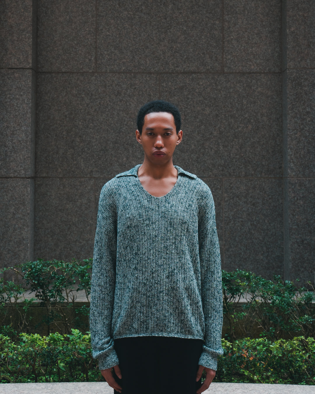 Cotton Slub Mix Top Yarn Rib Knit Skipper Polo