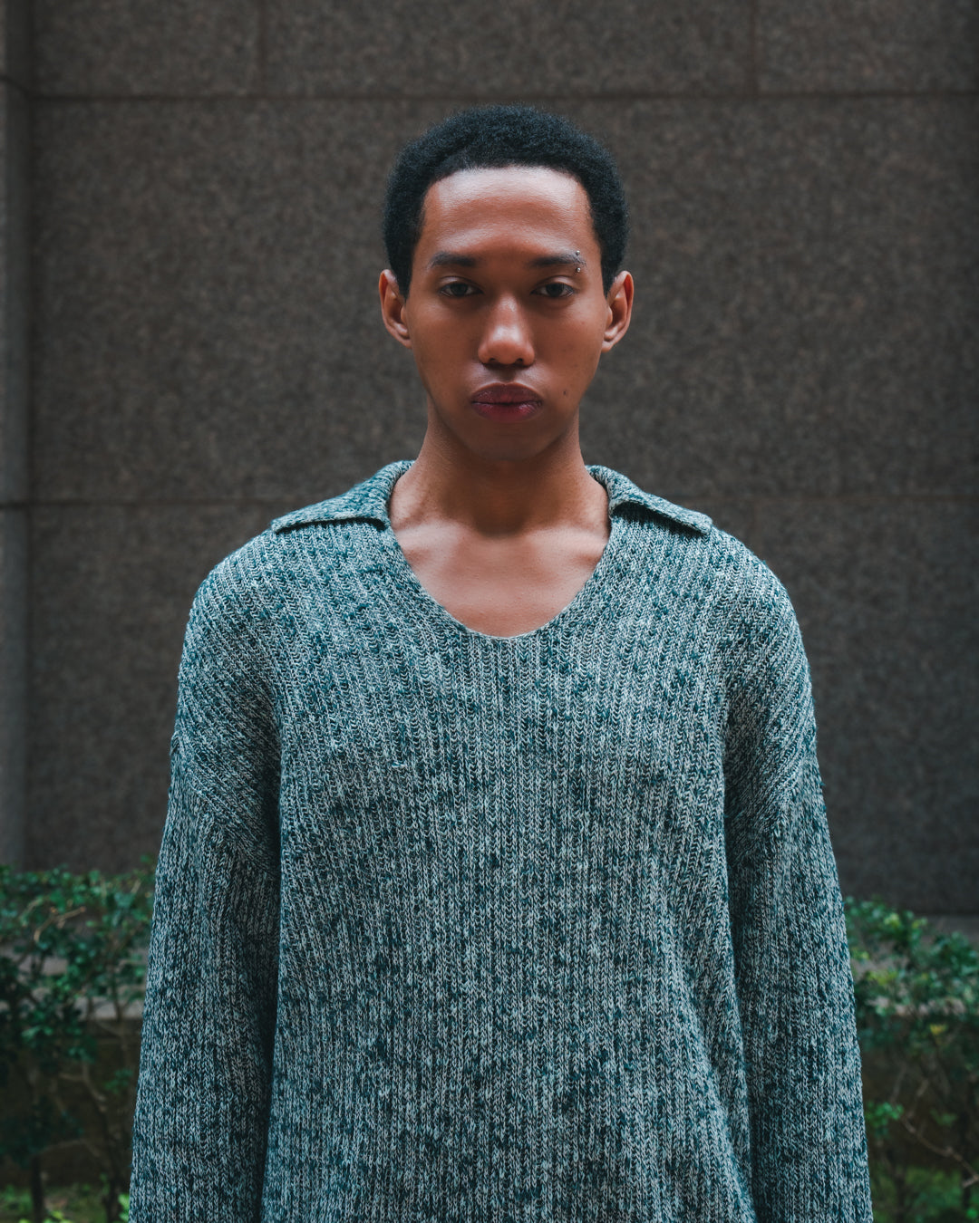 Cotton Slub Mix Top Yarn Rib Knit Skipper Polo