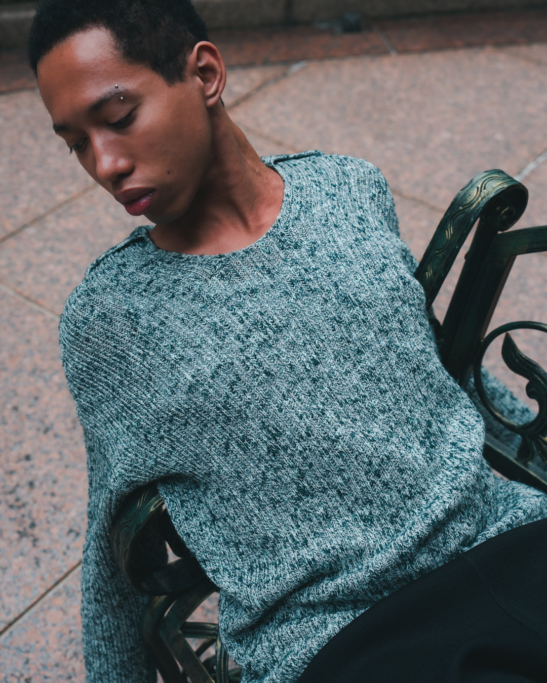 Cotton Slub Mix Top Yarn Rib Knit Skipper Polo