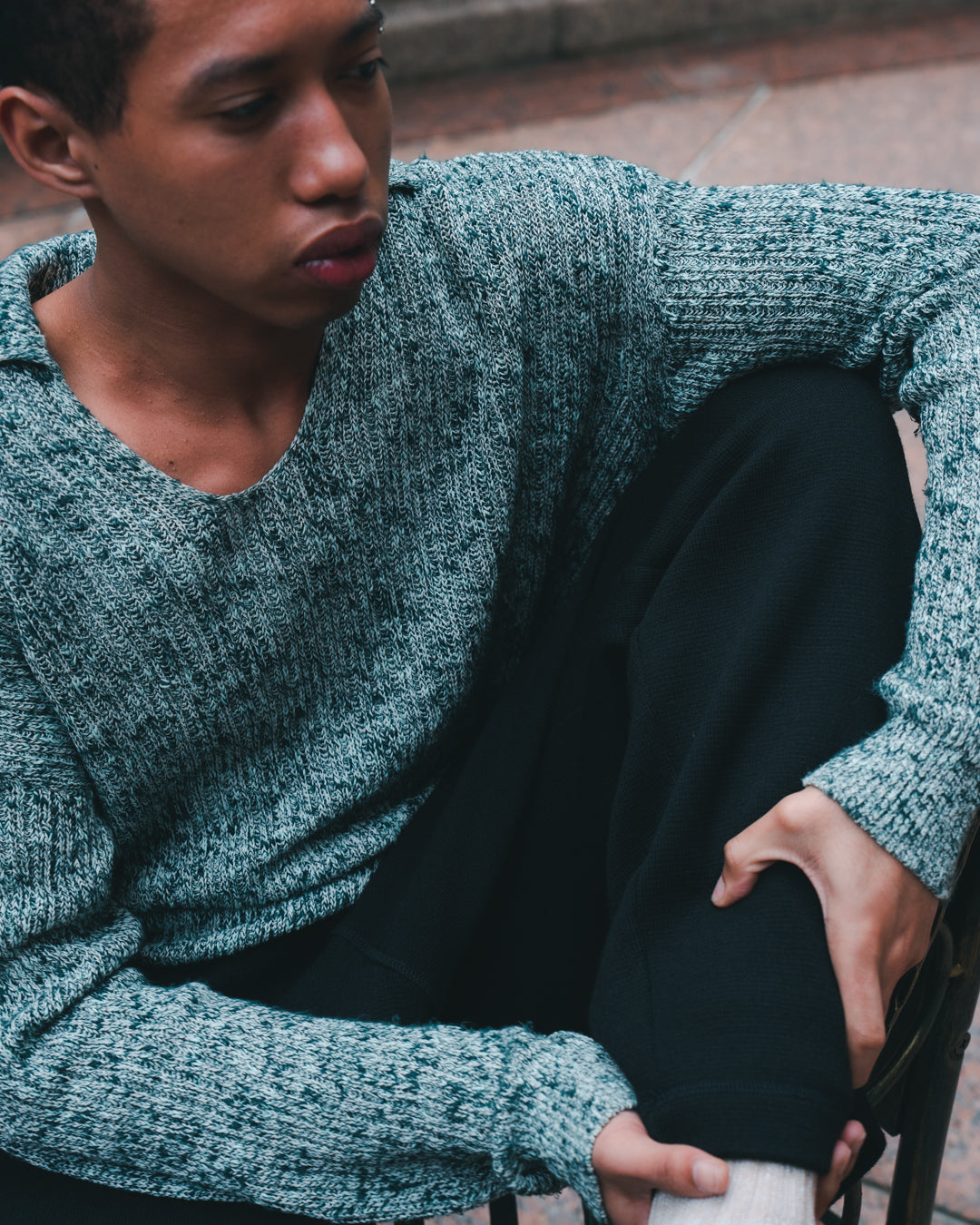 Cotton Slub Mix Top Yarn Rib Knit Skipper Polo