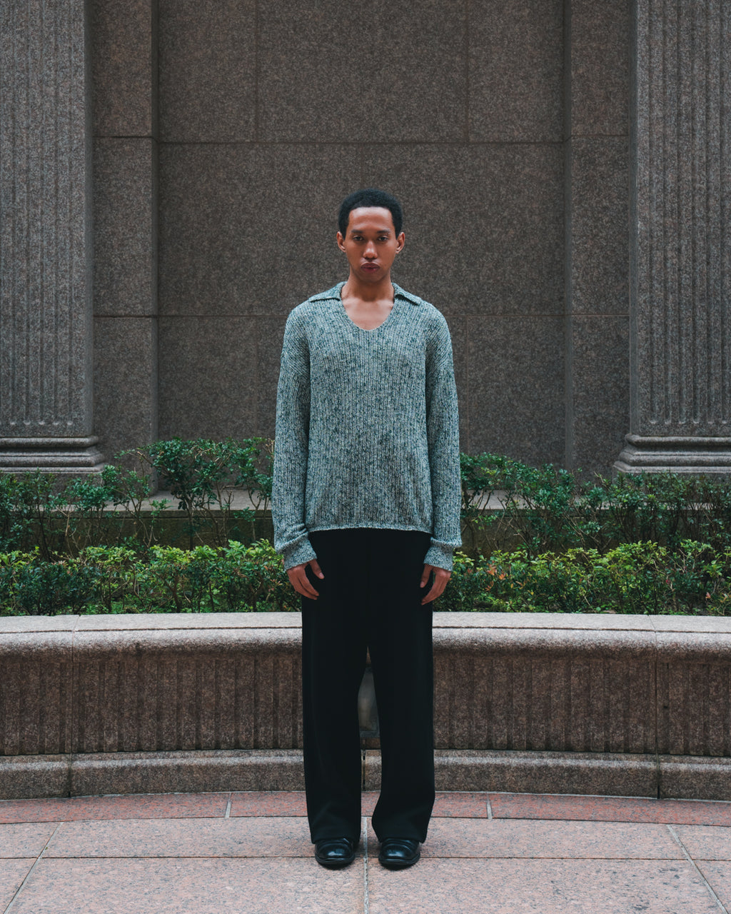 Cotton Slub Mix Top Yarn Rib Knit Skipper Polo