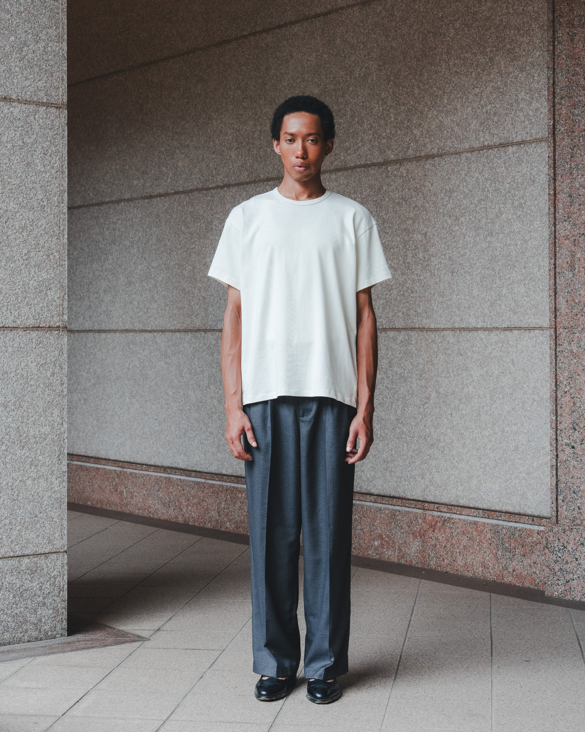 SAMBASHI - Airy Tropical Wool Touch Two-Tuck Slacks (Charcoal)